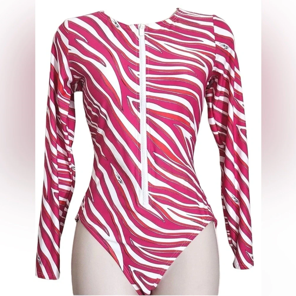- Michael Kors Sz 8 Electric Pink Zebra Long Sleeve Surf Swimsuit! NEW!